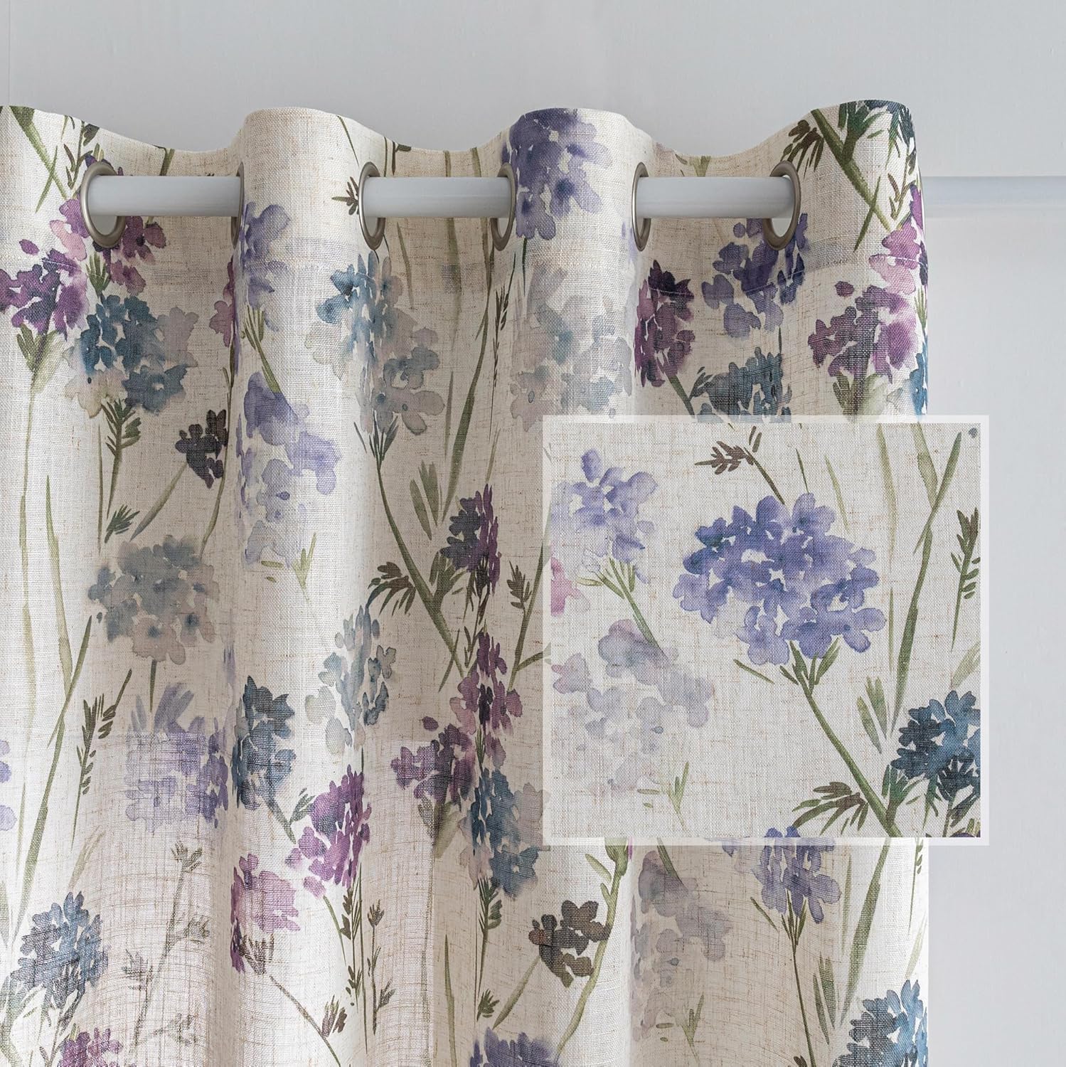 MYSKY HOME Floral Linen Curtains 84 inch Length 2 Panels Set Summer Flower Patterned Semi Sheer Light Filtering Privacy Farmhouse Grommet Drapes for Living/Dining Room, Yellow, W52 x L84, Pack-2