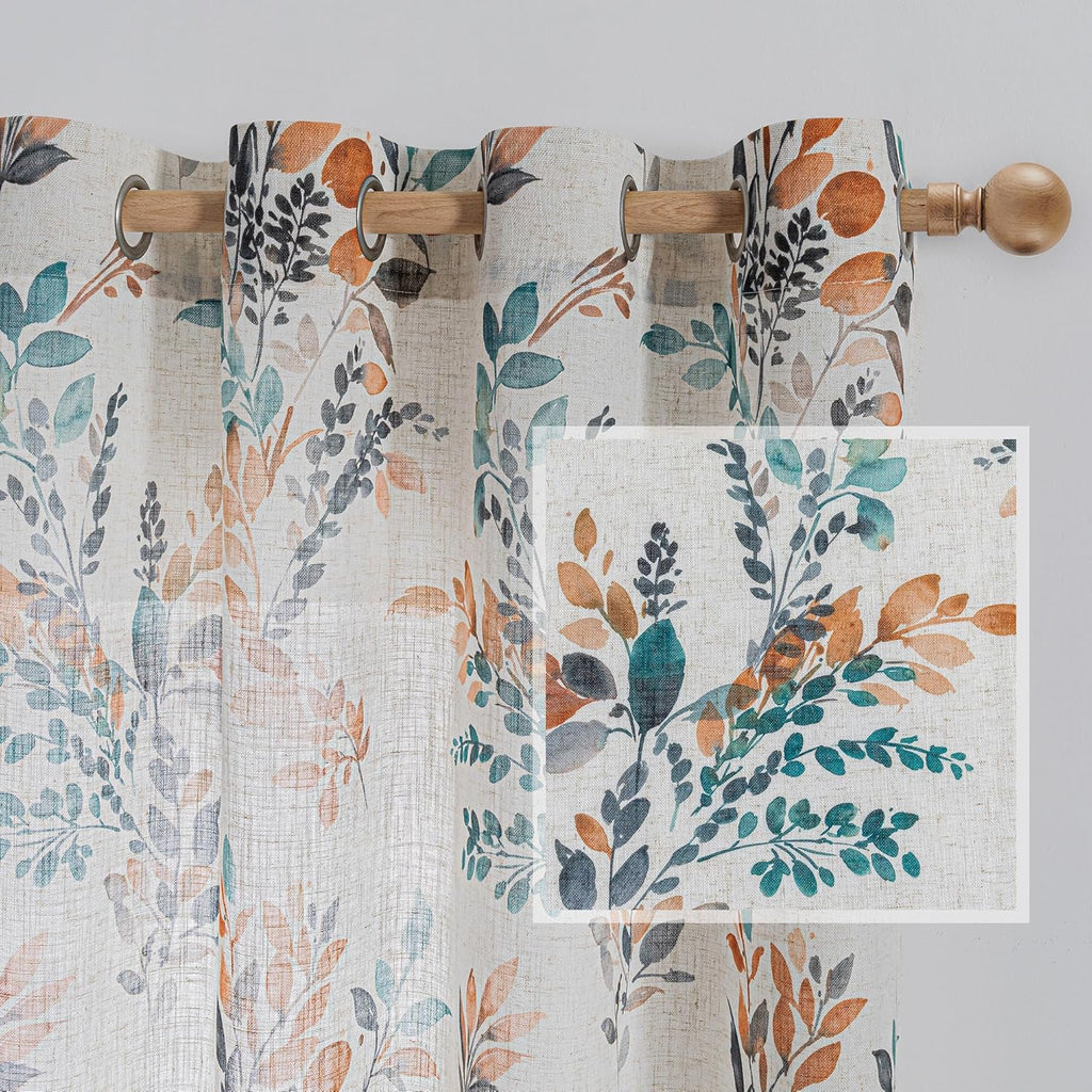 MYSKY HOME Floral Linen Curtains 84 inch Length 2 Panels Set Summer Flower Patterned Semi Sheer Light Filtering Privacy Farmhouse Grommet Drapes for Living/Dining Room, Yellow, W52 x L84, Pack-2