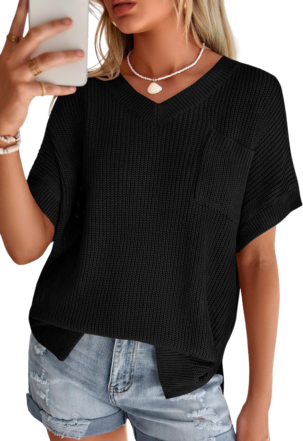 PRETTYGARDEN Women's 2026 Spring Short Sleeve Sweaters Lightweight V Neck Casual Going Out Summer Tops Beach Vacation Clothes
