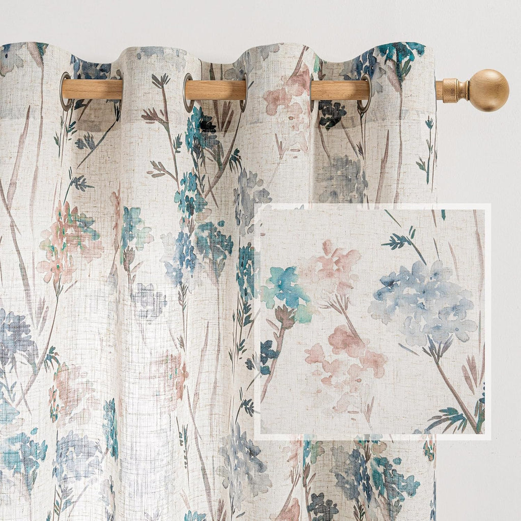 MYSKY HOME Floral Linen Curtains 84 inch Length 2 Panels Set Summer Flower Patterned Semi Sheer Light Filtering Privacy Farmhouse Grommet Drapes for Living/Dining Room, Yellow, W52 x L84, Pack-2