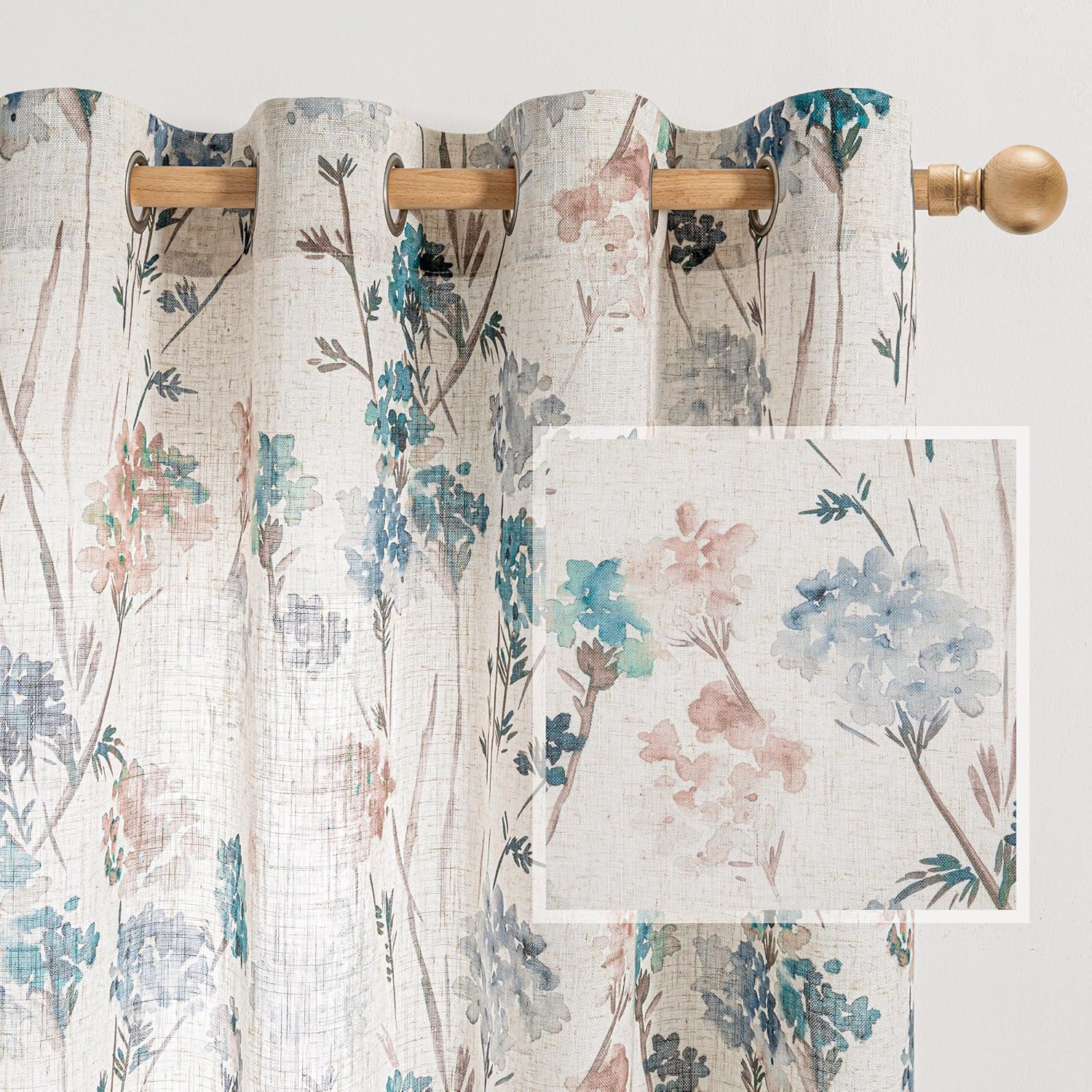 MYSKY HOME Floral Linen Curtains 84 inch Length 2 Panels Set Summer Flower Patterned Semi Sheer Light Filtering Privacy Farmhouse Grommet Drapes for Living/Dining Room, Yellow, W52 x L84, Pack-2