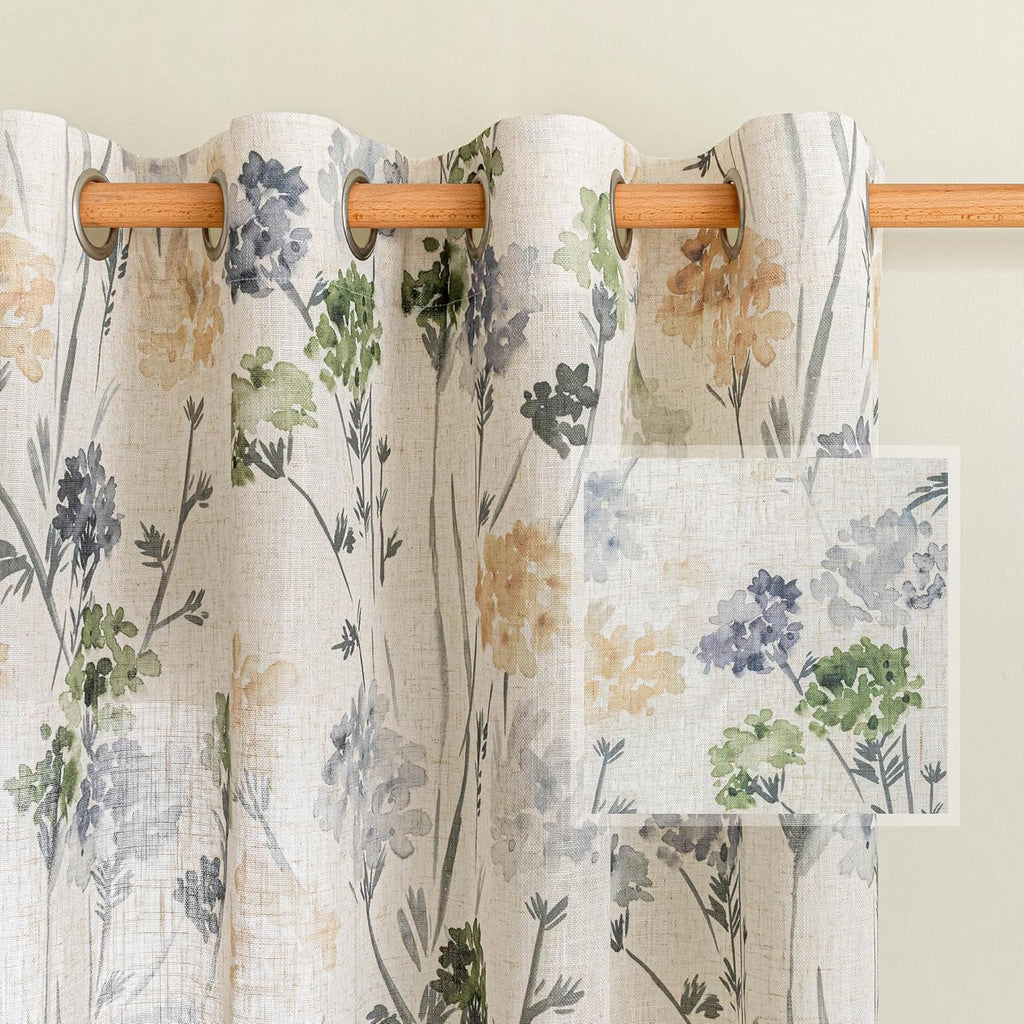 MYSKY HOME Floral Linen Curtains 84 inch Length 2 Panels Set Summer Flower Patterned Semi Sheer Light Filtering Privacy Farmhouse Grommet Drapes for Living/Dining Room, Yellow, W52 x L84, Pack-2