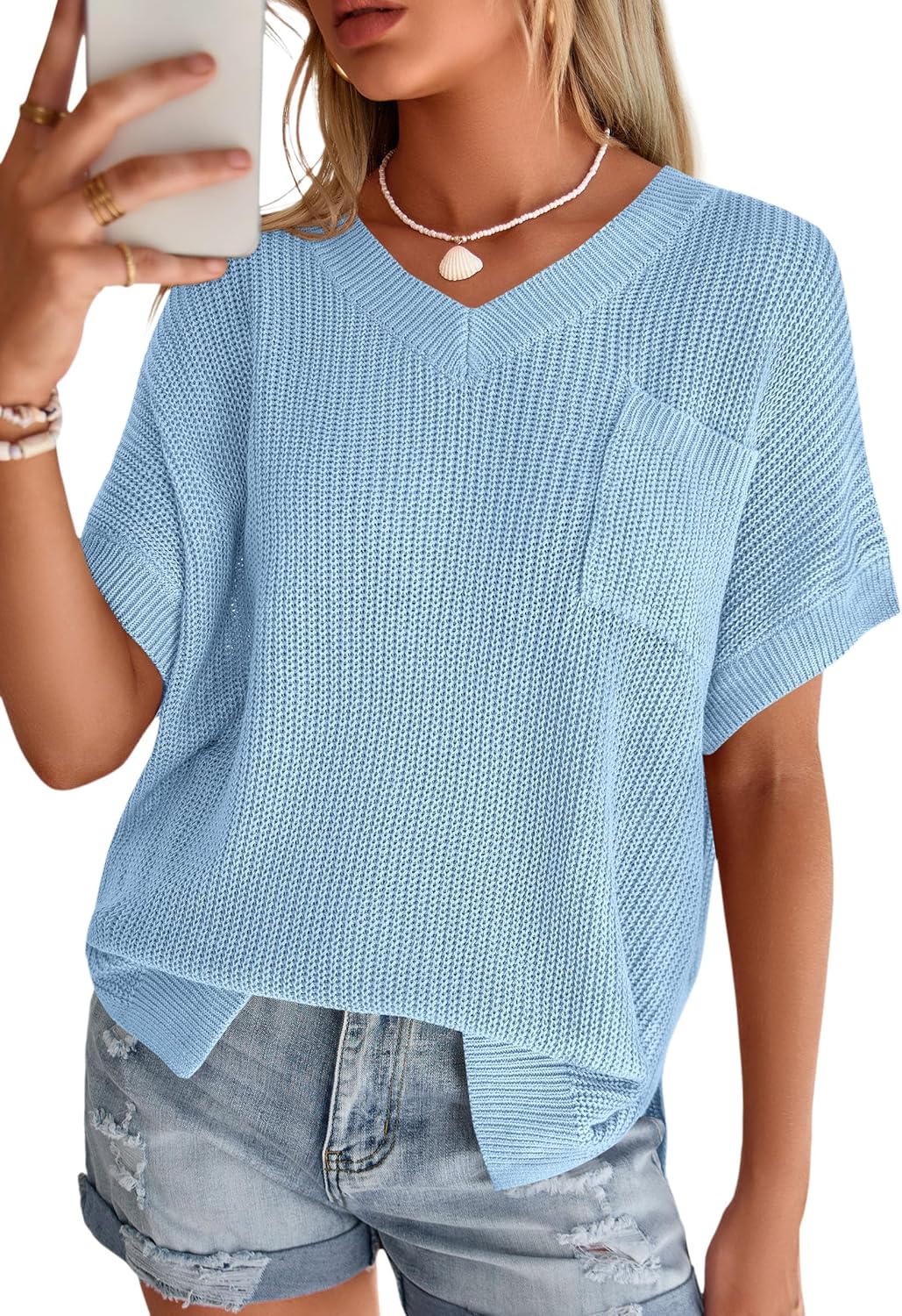 PRETTYGARDEN Women's 2026 Spring Short Sleeve Sweaters Lightweight V Neck Casual Going Out Summer Tops Beach Vacation Clothes