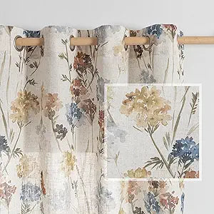 MYSKY HOME Floral Linen Curtains 84 inch Length 2 Panels Set Summer Flower Patterned Semi Sheer Light Filtering Privacy Farmhouse Grommet Drapes for Living/Dining Room, Yellow, W52 x L84, Pack-2