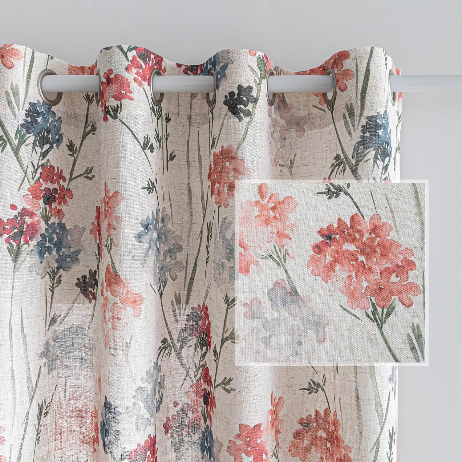 MYSKY HOME Floral Linen Curtains 84 inch Length 2 Panels Set Summer Flower Patterned Semi Sheer Light Filtering Privacy Farmhouse Grommet Drapes for Living/Dining Room, Yellow, W52 x L84, Pack-2