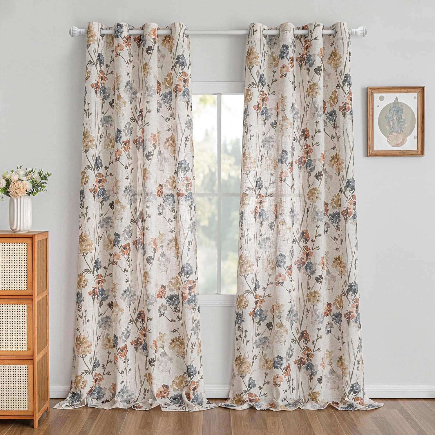 MYSKY HOME Floral Linen Curtains 84 inch Length 2 Panels Set Summer Flower Patterned Semi Sheer Light Filtering Privacy Farmhouse Grommet Drapes for Living/Dining Room, Yellow, W52 x L84, Pack-2